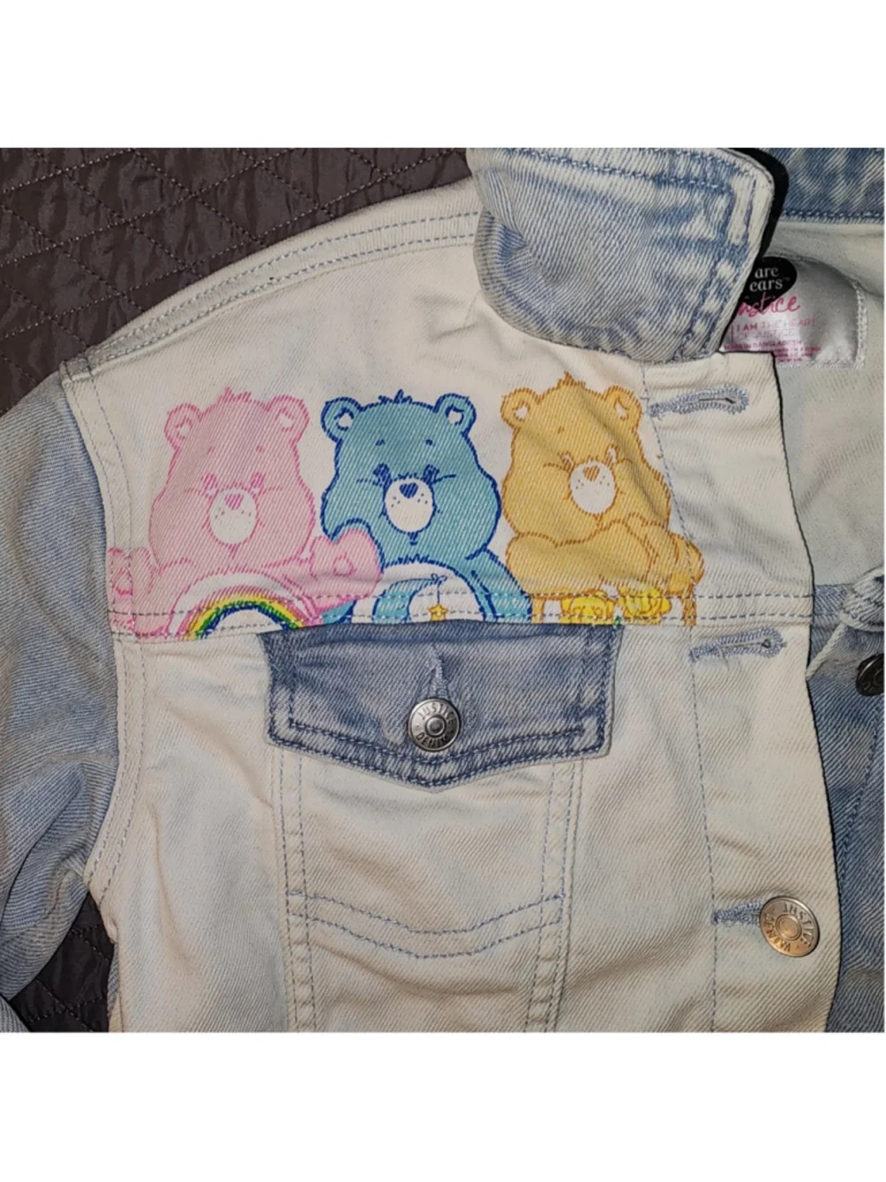 Care Bears Justice Denim Jacket Youth Size M 10 Split Color White Blue Patchwork